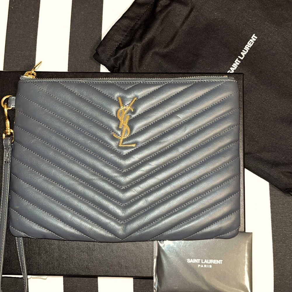 Saint Laurent Grey monogram A5 Jolie Clutch pouch wristlet- authentic